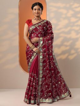 Libas - Womens Maroon Embroidered Satin Saree with Unstitched Blouse