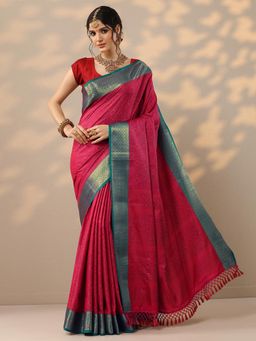 Libas - Womens Pink Woven Design Silk Blend Saree with Unstitched Blouse
