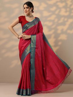Libas - Womens Red Woven Design Silk Blend Saree with Unstitched Blouse