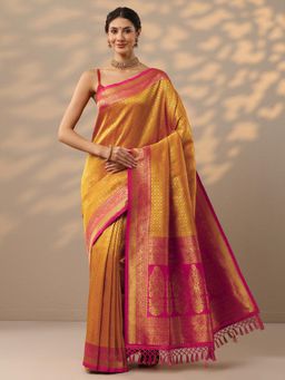 Libas - Womens Yellow Woven Design Silk Blend Saree with Unstitched Blouse
