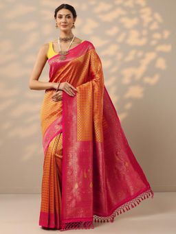 Libas - Womens Mustard Woven Design Silk Blend Saree with Unstitched Blouse