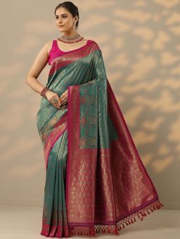 Libas - Womens Green Woven Design Silk Blend Saree with Unstitched Blouse