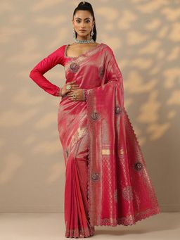 Libas - Womens Pink Woven Design Silk Blend Saree with Unstitched Blouse