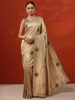 Libas - Womens Gold Woven Design Silk Blend Saree with Unstitched Blouse