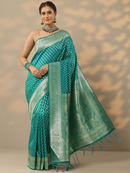 Libas - Womens Green Woven Design Silk Blend Saree with Unstitched Blouse