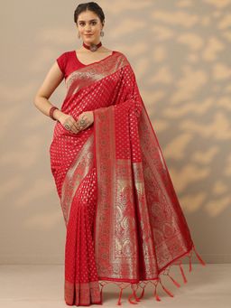 Libas - Womens Red Woven Design Silk Blend Saree with Unstitched Blouse