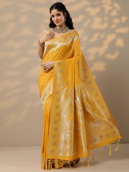 Libas - Womens Yellow Woven Design Silk Blend Saree with Unstitched Blouse