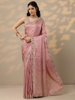 Libas - Womens Pink Woven Design Silk Blend Saree with Unstitched Blouse