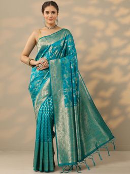 Libas - Womens Blue Woven Design Silk Blend Saree with Unstitched Blouse