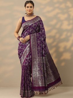Libas - Womens Purple Woven Design Silk Blend Saree with Unstitched Blouse