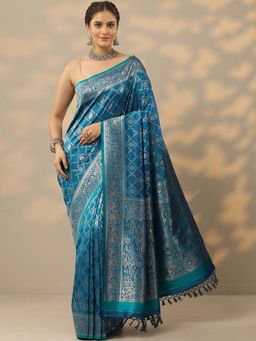 Libas - Womens Blue Woven Design Silk Blend Saree with Unstitched Blouse