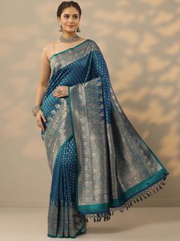 Libas - Womens Blue Woven Design Silk Blend Saree with Unstitched Blouse