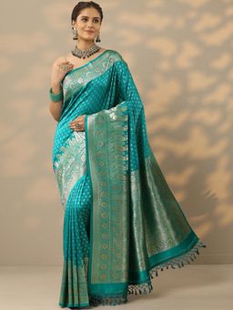 Libas - Womens Green Woven Design Silk Blend Saree with Unstitched Blouse