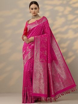 Libas - Womens Pink Woven Design Silk Blend Saree with Unstitched Blouse