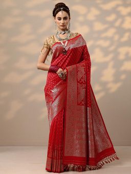 Libas - Womens Red Woven Design Silk Blend Saree with Unstitched Blouse