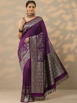 Libas - Womens Purple Woven Design Silk Blend Saree with Unstitched Blouse