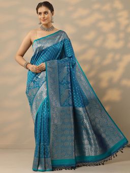 Libas - Womens Blue Woven Design Silk Blend Saree with Unstitched Blouse