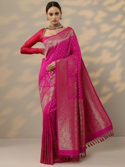 Libas - Womens Pink Woven Design Silk Blend Saree with Unstitched Blouse