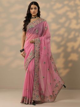 Libas - Womens Pink Embroidered Silk Blend Saree with Unstitched Blouse