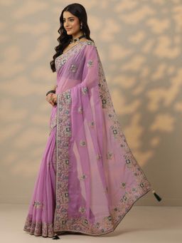 Libas - Womens Lavender Embroidered Silk Blend Saree with Unstitched Blouse