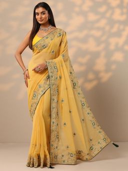 Libas - Womens Yellow Embroidered Silk Blend Saree with Unstitched Blouse