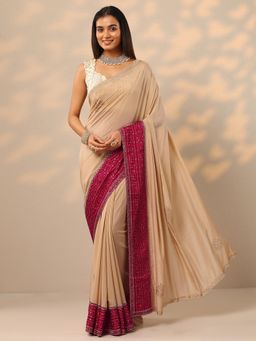 Libas - Womens Beige Embellished Silk Blend Saree with Unstitched Blouse