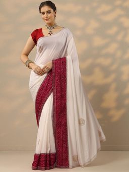 Libas - Womens White Embellished Silk Blend Saree with Unstitched Blouse
