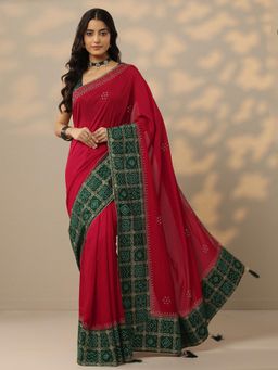 Libas - Womens Red Embellished Silk Blend Saree with Unstitched Blouse
