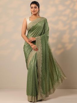 Libas - Womens Green Embellished Pure Crepe Saree with Unstitched Blouse