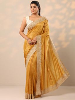 Libas - Womens Mustard Embellished Pure Crepe Saree with Unstitched Blouse