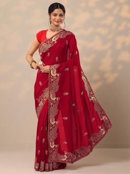 Libas - Womens Red Embroidered Silk Blend Saree with Unstitched Blouse