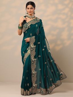 Libas - Womens Teal Embroidered Silk Blend Saree with Unstitched Blouse