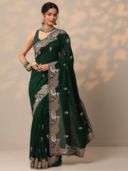 Libas - Womens Green Embroidered Silk Blend Saree with Unstitched Blouse