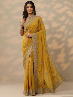 Libas - Womens Mustard Embroidered Silk Blend Saree with Unstitched Blouse