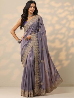 Libas - Womens Lavender Embroidered Silk Blend Saree with Unstitched Blouse