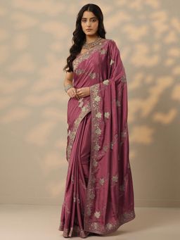 Libas - Womens Pink Embroidered Silk Blend Saree with Unstitched Blouse