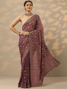 Libas - Womens Purple Embroidered Silk Blend Saree with Unstitched Blouse
