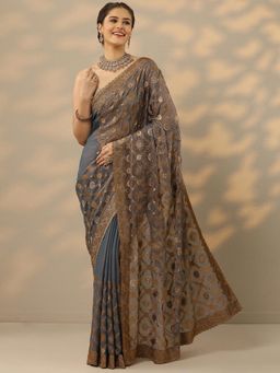 Libas - Womens Navy Blue Embroidered Silk Blend Saree with Unstitched Blouse