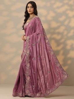Libas - Womens Mauve Embroidered Silk Blend Saree with Unstitched Blouse