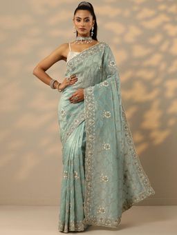 Libas - Womens Blue Embroidered Silk Blend Saree with Unstitched Blouse