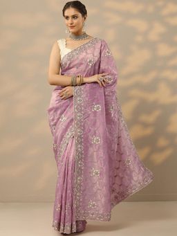 Libas - Womens Pink Embroidered Organza Saree with Unstitched Blouse