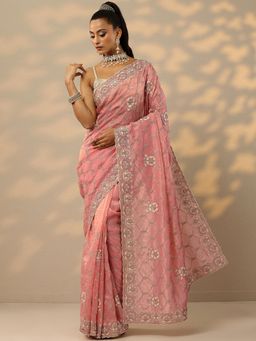 Libas - Womens Peach Embroidered Organza Saree with Unstitched Blouse