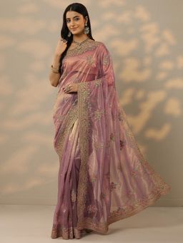 Libas - Womens Mauve Embroidered Net Saree with Unstitched Blouse