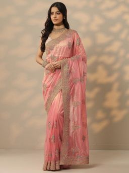 Libas - Womens Peach Embroidered Net Saree with Unstitched Blouse