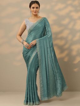 Libas - Womens Blue Embellished Silk Blend Saree with Unstitched Blouse