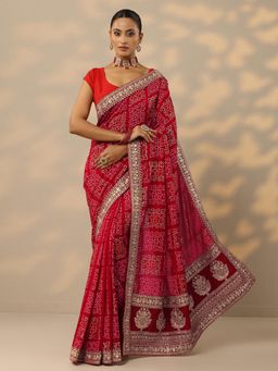 Libas - Womens Red Printed Silk Blend Saree with Unstitched Blouse