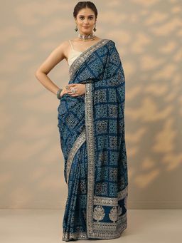 Libas - Womens Teal Printed Silk Blend Saree with Unstitched Blouse