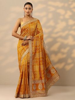 Libas - Womens Mustard Printed Silk Blend Saree with Unstitched Blouse