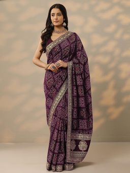 Libas - Womens Purple Printed Silk Blend Saree with Unstitched Blouse