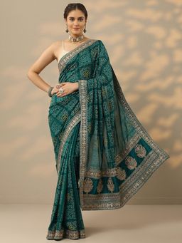 Libas - Womens Teal Printed Silk Blend Saree with Unstitched Blouse